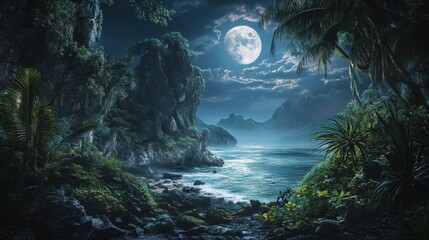 Lush, moonlit tropical shore at night.