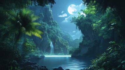 Lush tropical valley scene under a full moon.