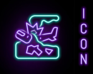 Glowing neon line Plane crash icon isolated on black background. Colorful outline concept. Vector