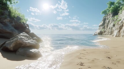 Sunny coastal scene with rocks and gentle waves.