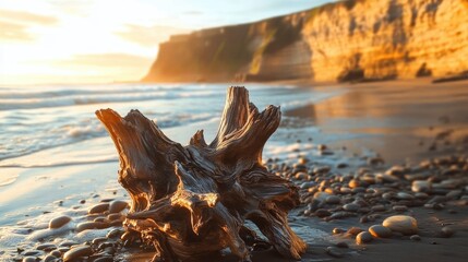 Driftwood on a beach at sunrise.