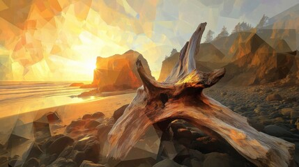 Geometric sunset over a driftwood-strewn beach.