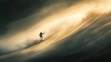 Solitary surfer rides a powerful wave's crest.