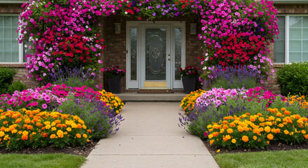 Fototapeta premium Beautiful Home Entrance Adorned With Vibrant Flowers And Lush Greenery