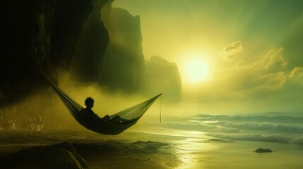 Silhouetted figure relaxing in hammock by the beach at sunrise.