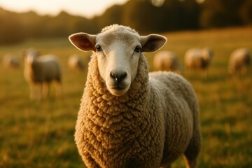 Serene sheep in pastoral landscape.