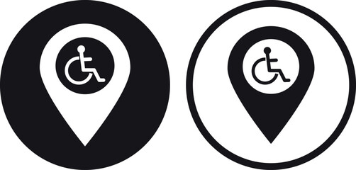 Map pointer with handicap icon set in two styles . Wheelchair map marker icon . Vector illustration