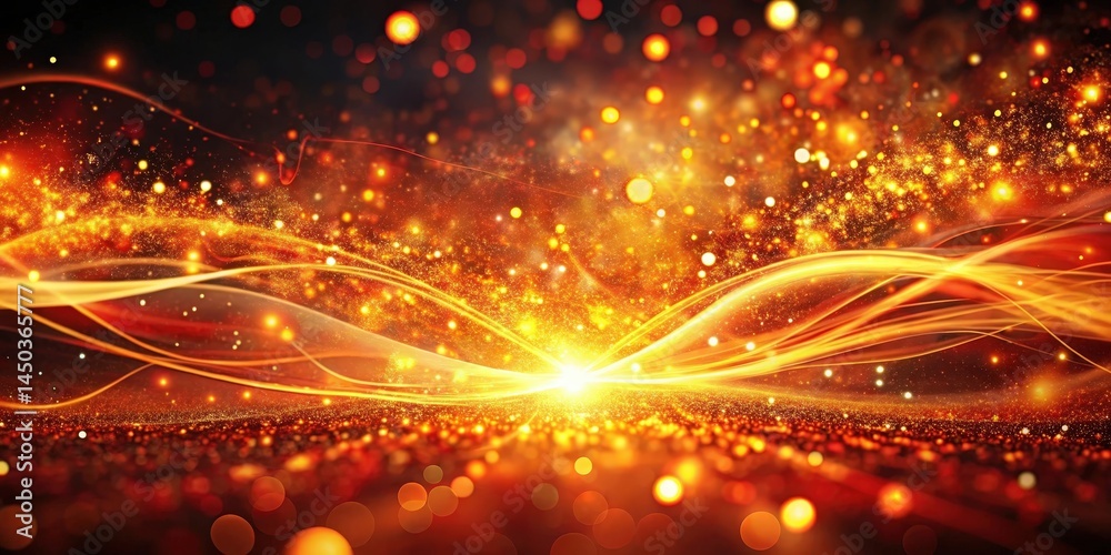 Poster a celestial abstract landscape of shimmering gold and orange light, with glowing waves and sparkling