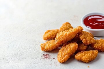Crispy golden chicken nuggets served with a small bowl of ketchup on a light background