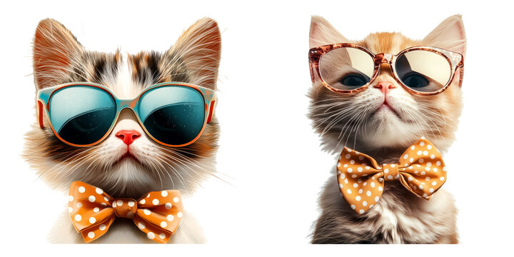 Cool cats with sunglasses and bow ties isolated on white PNG image perfect for quirky fashion illustrations or pet-themed graphics