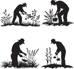 Farmer Harvesting crops flat black vector silhouette 