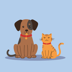  Playful dog and cat duo sitting together in a cheerful flat design style vector art