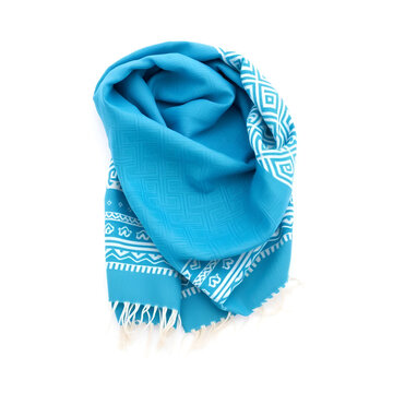 Folded keffiyeh of azure white colors background. Draped cotton shemagh texture. Arab desert scarf hirbawi. Full frame blue kefia pattern. Middle East head scarf kufiya.