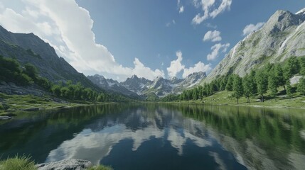 Fototapeta premium Serene mountain lake reflecting a vibrant sky. Lush greenery surrounds a tranquil alpine lake nestled amongst towering peaks