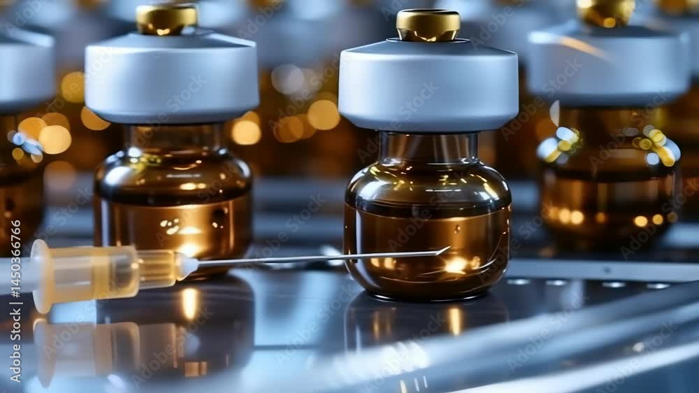 Poster a close-up shot shows vaccine vials being filled by a syringe on a conveyor belt. the vials are ambe