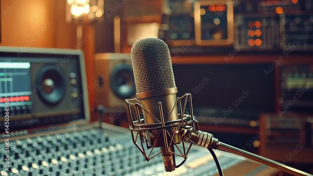 Poster warm orange spotlights illuminate a lone microphone on a stage, with a blurred crowd and large scree
