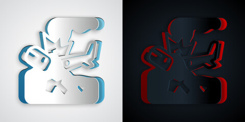 Paper cut Plane crash icon isolated on grey and black background. Paper art style. Vector