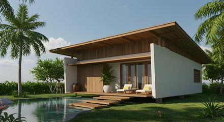 Modern Eco-Friendly House Surrounded by Lush Greenery and Water