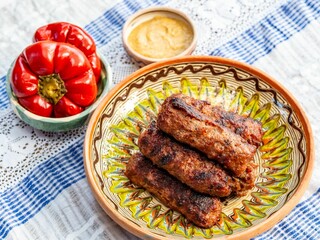 Grilled sausages with red peppers and mustard.