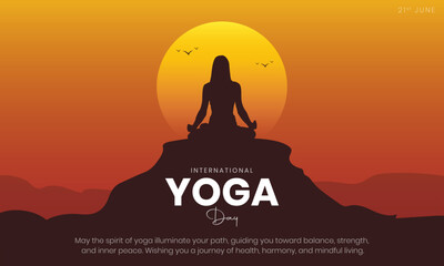 International Yoga Day Banner and Greeting Card Design. 21 June - Yoga Day Creative Background with Meditation Pose Silhouette Vector Illustration