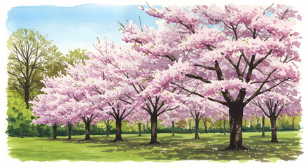 Blossoming Cherry Trees Under Blue Sky in a Serene Park Landscape