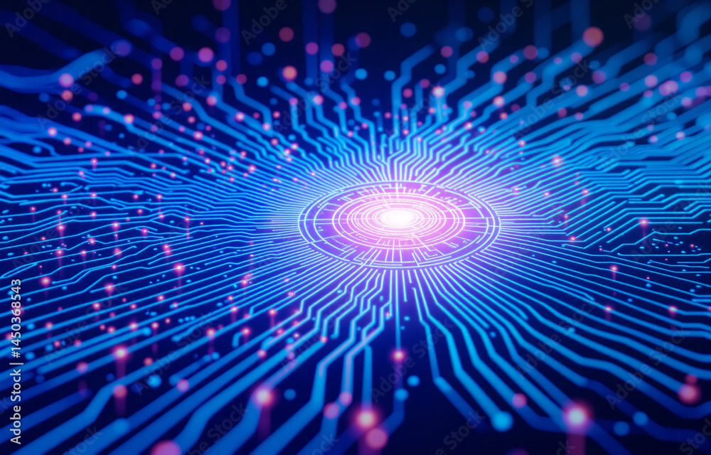 Wall mural abstract digital artwork depicting a glowing central processing unit with radiating circuitry and no
