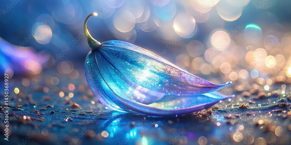 Poster a single blue flower petal with a glistening surface rests on a background of sparkling bokeh.