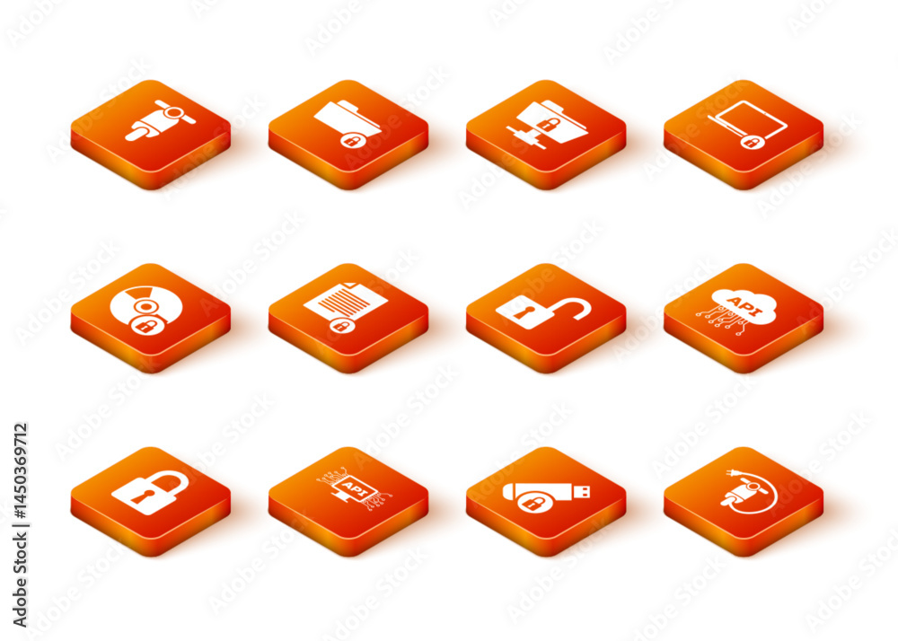 Poster set lock, computer api interface, cd or dvd disk with lock, document and, usb flash drive and open p