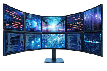 A large supercomputer with AI algorithms being processed on multiple screens. isolated on white background