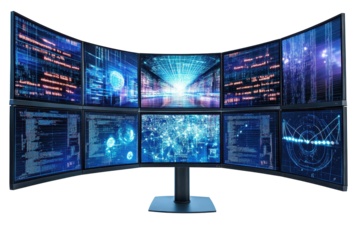 A large supercomputer with AI algorithms being processed on multiple screens. isolated on white background