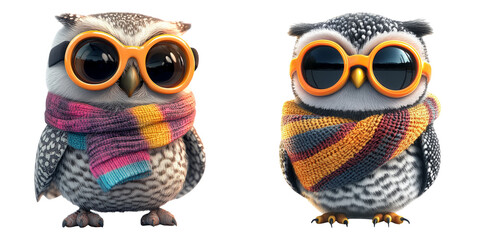 Winter owls with scarves and glasses isolated on white PNG image perfect for seasonal posters or cozy-themed designs