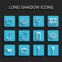 Set line Kitchen colander, Cooking pot, Fork, whisk, Chef hat, soup and Salt pepper icon. Vector