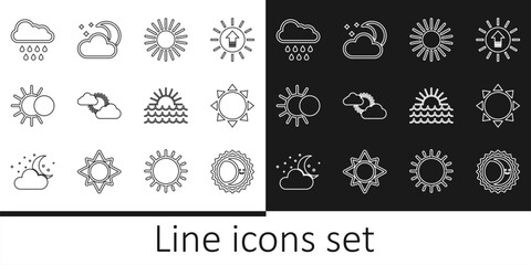 Set line Eclipse of the sun, Sun, and cloud weather, Cloud with rain, Sunset and moon stars icon. Vector