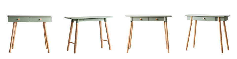 Modern minimalist desk with green accents and wooden legs