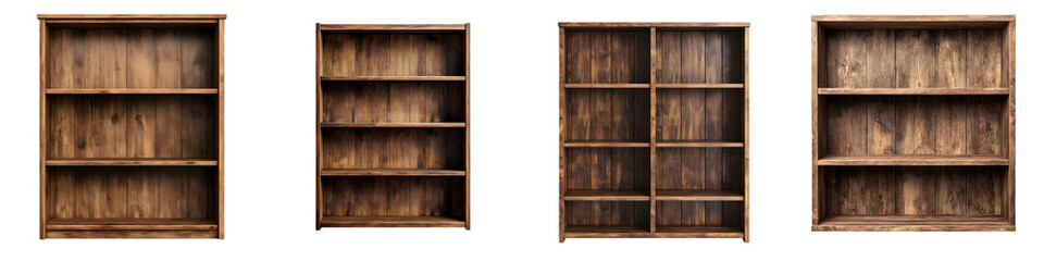 Wooden bookshelves with empty shelves for storage and display. long_title:A collection of simple, rustic wooden bookshelves with empty