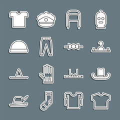 Set line T-shirt, Man hat, Hanger wardrobe, Winter with ear flaps, Sport pants, Beanie, and Bow tie icon. Vector