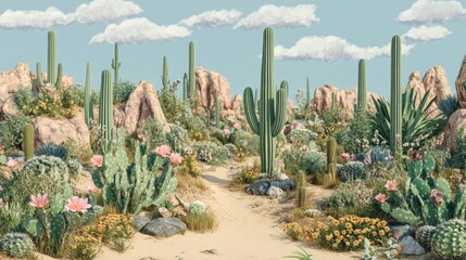 Desert landscape with vibrant cacti and rocks.