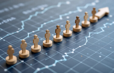 Wooden figurines arranged on a graph, illustrating growth and upward trend.  The figures represent a team or workforce on a positive trajectory.