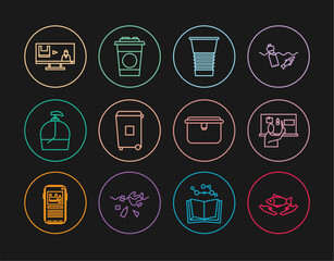 Set line Fish care, Stop plastic pollution, Paper glass, Trash can, Bottle of liquid soap, Lunch box and icon. Vector