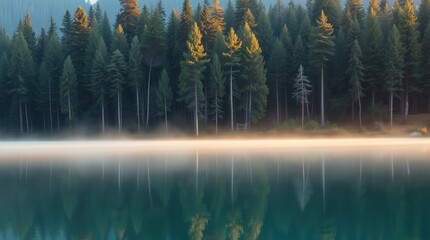 Obraz premium Serene sunrise over a still lake, reflecting a dense evergreen forest shrouded in morning mist