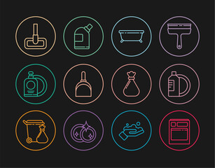 Set line Kitchen dishwasher machine, Dishwashing liquid bottle and plate, Bathtub, Dustpan, Mop, Garbage bag and Bottles for cleaning agent icon. Vector