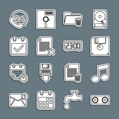 Set line Stereo speaker, Music note, tone, Floppy disk, Delete folder, file document, Calendar with check mark, Telephone 24 hours support and Digital alarm clock icon. Vector
