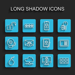 Set line Bomb ready to explode, Network cloud connection, Open padlock, Lock computer monitor, Firewall, security wall, Mail message password, Safe and Tablet with closed icon. Vector