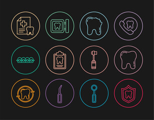 Set line Dental protection, Tooth, Broken tooth, card, Teeth with braces, Toothbrush and clinic location icon. Vector