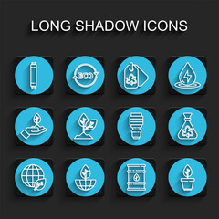 Set line Earth globe and leaf, plant, Fluorescent lamp, Bio fuel barrel, Plant in pot, Garbage bag with recycle and LED light bulb icon. Vector