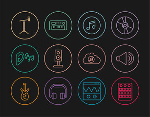 Set line Drum machine, Speaker volume, Music note, tone, Stereo speaker, Ear listen sound signal, Microphone with stand, streaming service and synthesizer icon. Vector