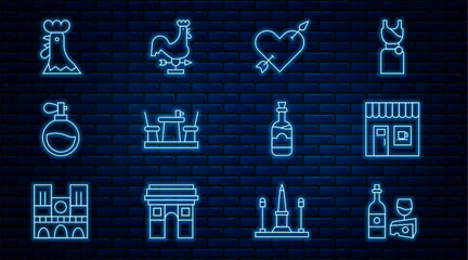 Set line Wine bottle with cheese, Coffee shop, Amour heart and arrow, French cafe, Perfume, rooster, Bottles wine and Rooster weather vane icon. Vector