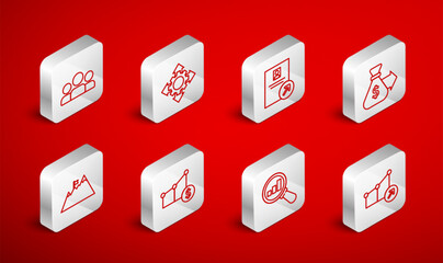 Set line Financial growth, Project team base, Job promotion, Money bag, Magnifying glass and analysis, Users group, Pie chart dollar and Mountains with flag icon. Vector