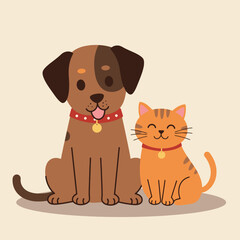  Playful dog and cat duo sitting together in a cheerful flat design style vector art