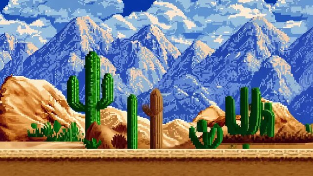 A side-scrolling pixel art desert landscape with cacti and sand dunes, created as part of retro game assets
